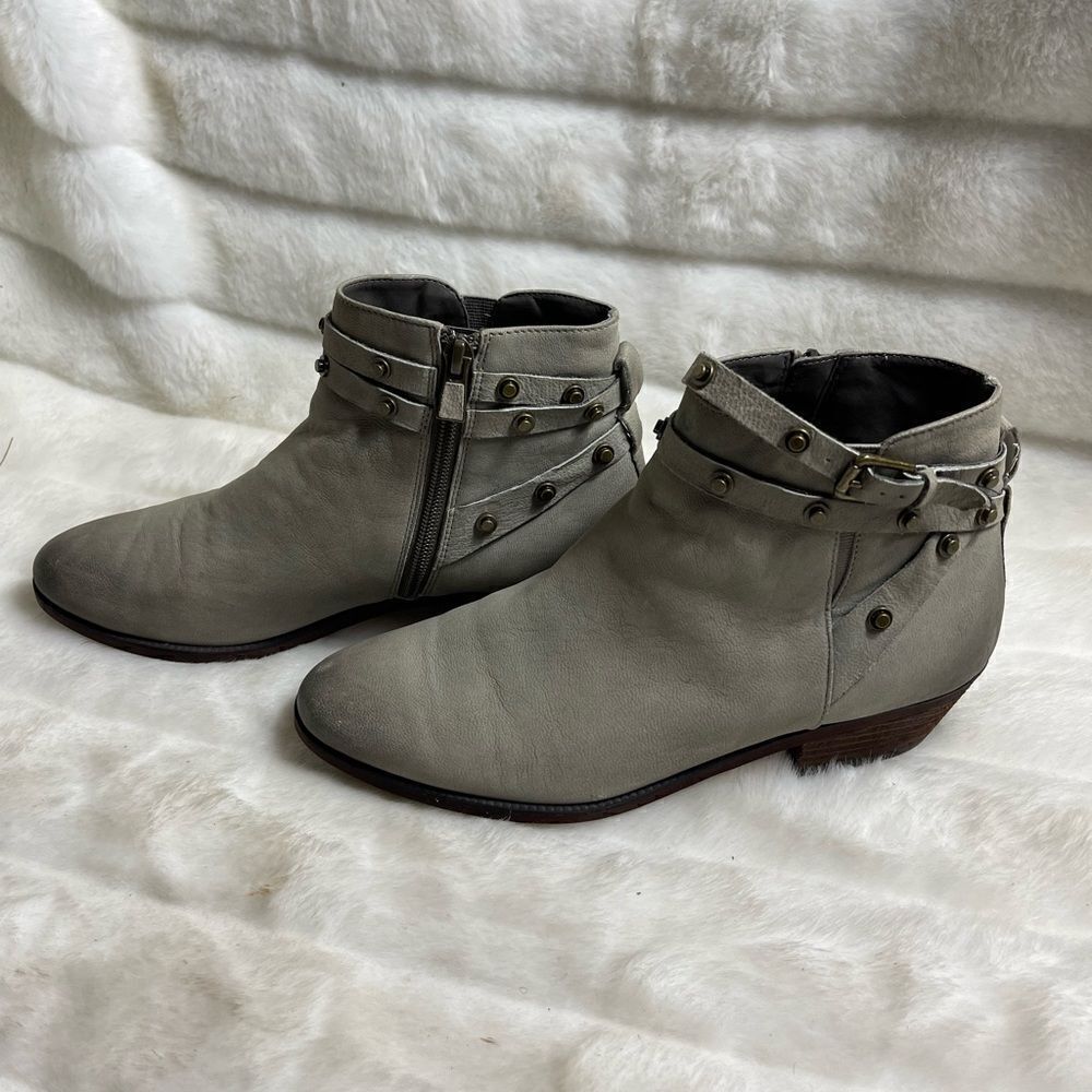Halogen leather gray ankle boots with side zipper antique tone studs siz…
